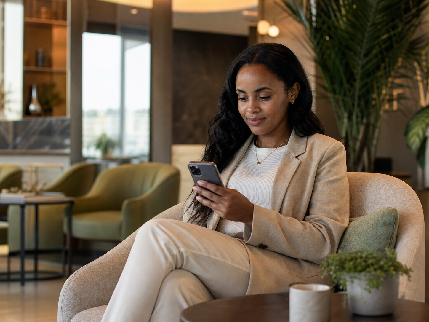 A young Ethiopian woman privately reading health information on her phone